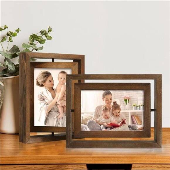 Rustic wood 4x6 rotating picture frame set double sided glass photo display - Picture 2 of 7